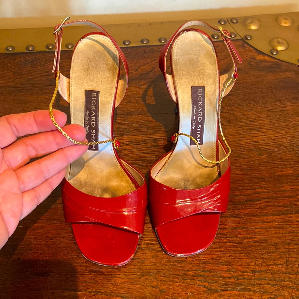 Rickard Shah Patent Leather Red Slingback Shoes 👠 with Sexy Gold Chain sz 39